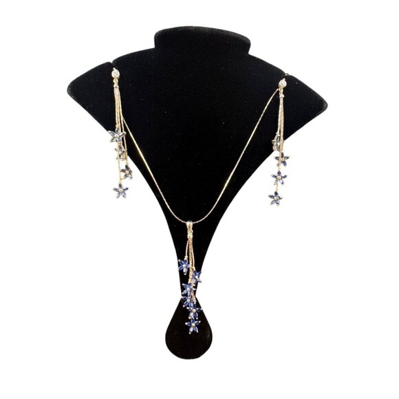 Sterling Silver Womens Blue Crystal Floral Necklace & Earrings Set Elegant Desig